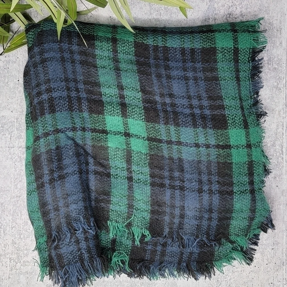 Navy & Green Plaid Blanket Scarf with Fringe Oversized Cozy Comfy Casual